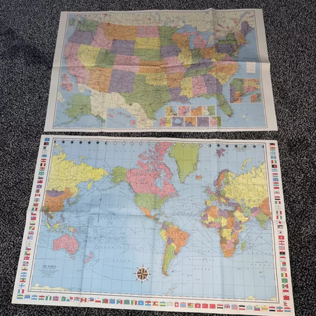 Colorprint World Map Mercator Projection American Map Co 50"x38" & USA Map Vtg