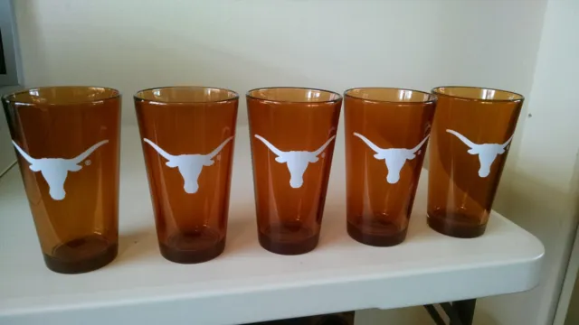 5 Amber Texas Longhorns Beer Pint Glasses in Burnt Orange, Rare