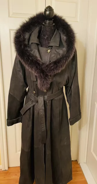 Black Leather Women's Genuine Lambskin Winter Long Coat &Hood Fox Fur XL-1X  New