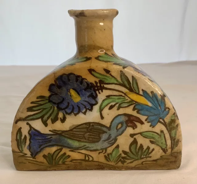 Antique Persian Turkish Iznik Pottery- Bird Flowers-Vase/Flask/Bottle-RARE 1800s