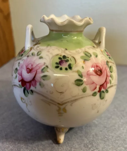 Vintage 3-Footed Rose Bowl Vase~Hand Painted ROSES small handles 4" x 4"