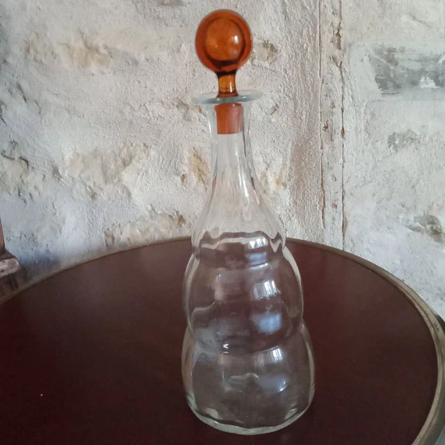 Jolie Carafe Ancienne En Verre Avec Bouchon Marron - Bon État -