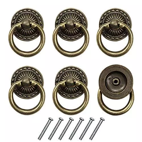 6pcs Vintage Bronze Drop Ring Knobs Pulls Handles for Dresser Drawer Antique ...