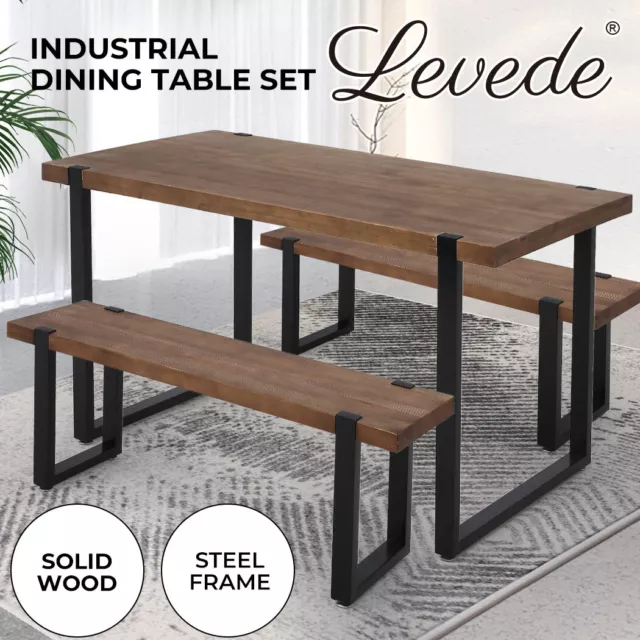 Levede Wooden Dining Sets 1XTable+2X Bench Chair Metal Industrial Restaurant