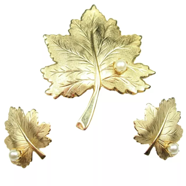 Sarah Coventry Whispering Leaf Brooch Clip On Earring Set Simulated Pearl 1960s