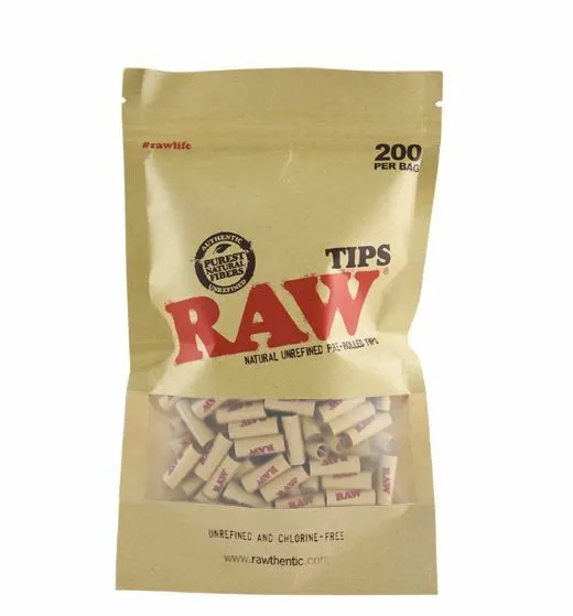 RAW Natural Unrefined Pre-Rolled Filter Tips 200 Per Bag Chlorine Free