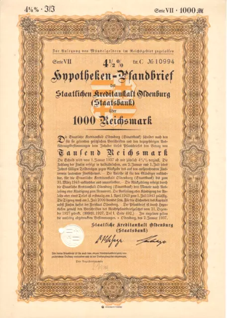 Staatliche Kreditanstalt Oldenburg - Pfandbrief  über 1000 RM - Oldenburg 1937