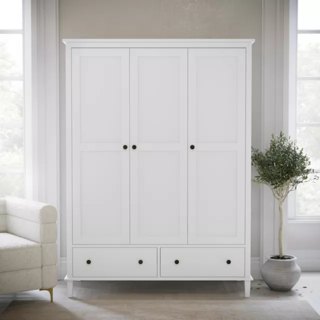 White Wooden 3 Door Triple Wardrobe with Drawers - Marlowe MLW006