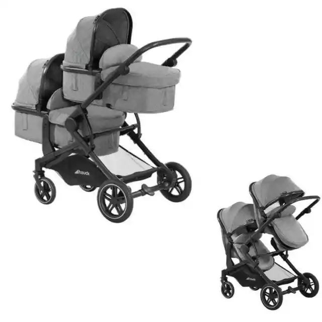 NEW Hauck Atlantic Twin Double Buggy Pushchair Pram Grey set from Birth to 3Yrs