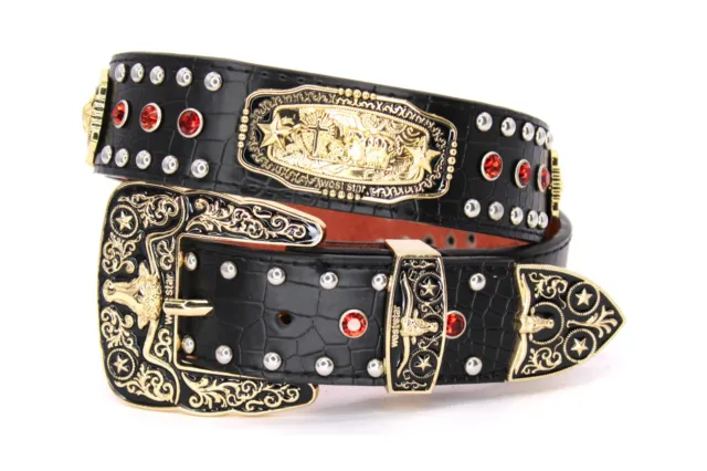 Western Belt Black Gold Cowboy Prayer Men Red Stone Crocodile Snake Pants 42