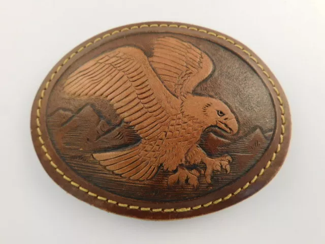 Hand Made Tooled Leather Flying Eagle Belt Buckle Oval Artisan Handcrafted