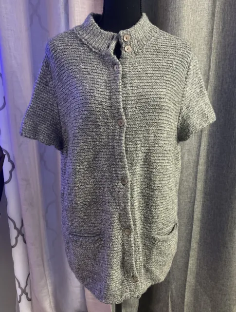Eileen Fisher Gray Knit Crochet Cardigan Wool Alpaca Sweater Size XL
