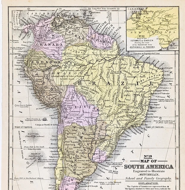 1852 South America Map New Granada Patagonia Brazil Venezuela Chili Argentina