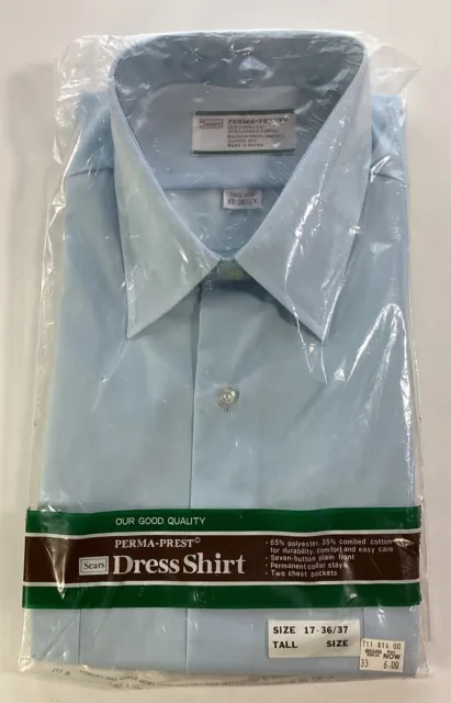 Sears Dress Shirt Vtg 1970s 80s NOS Perma Press Blue Korea 17-36/37 XL Tall