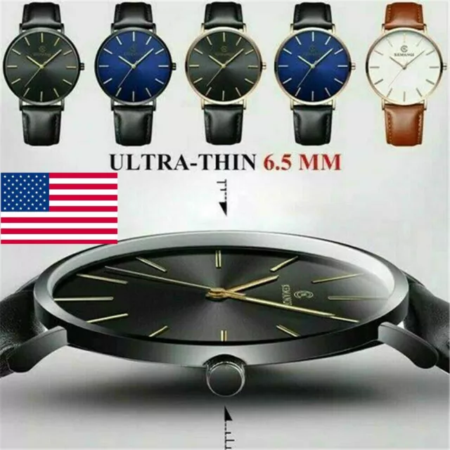 Men Trendy Minimalist Ultra Thin Slim Leather Strap Stainless Steel Quartz Watch