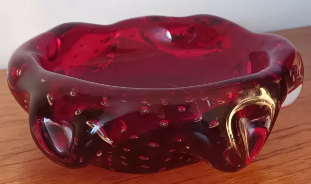 Vintage Mid Century Modern Whitefriars Controlled Bubble Knobbly Red Glass Bowl