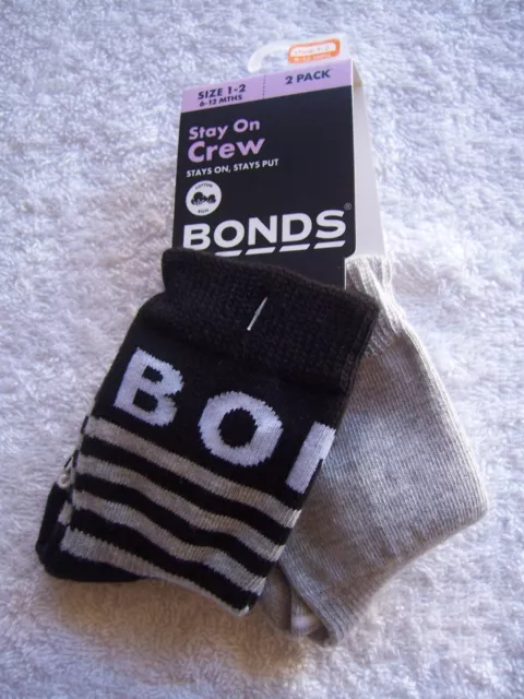 BNWT Baby Boy's Bonds 2 Pack Black, Grey & White Stay On Crew Socks Shoe Sz 1-2