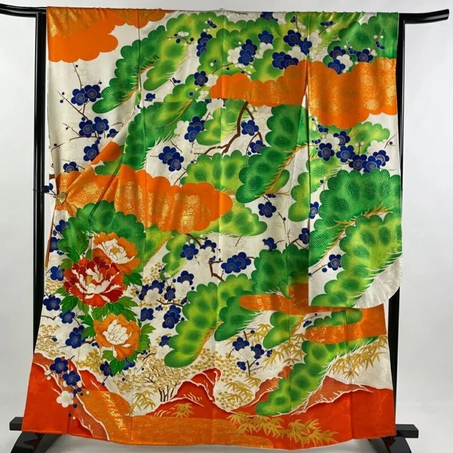 Japanese Kimono Furisode Pure Silk Moutan Prunus Japonica Gold Thread Cream