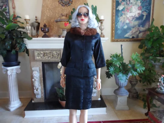 Dolce & Gabbana Black Silk Brocade Skirt Suit w/Mink Collar Size IT 42- US 6