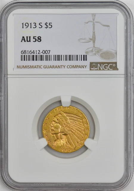 1913-S $5 Gold Indian AU58 NGC 946140-2