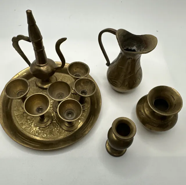 11 Piece Miniature Brass Set ~Chalice, Pitcher, Vases, Plate~ India