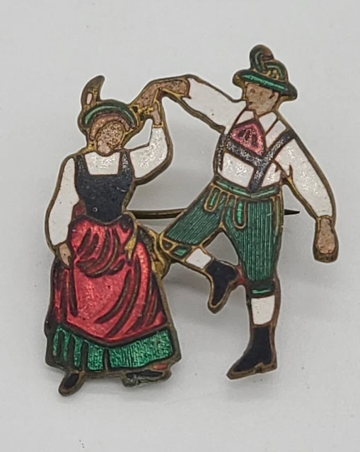 Antique Brass Enamel German Couple Oktoberfest Pin C Clasp Brooch 1"
