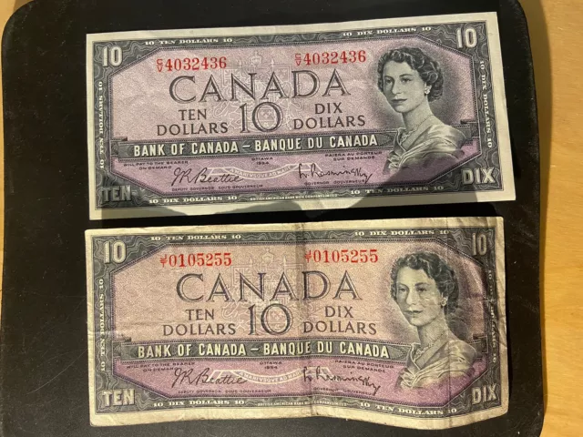 1954 Lot Of 2 Canada Ten Dollar 10$ Bank Notes Beattie Rasminsky