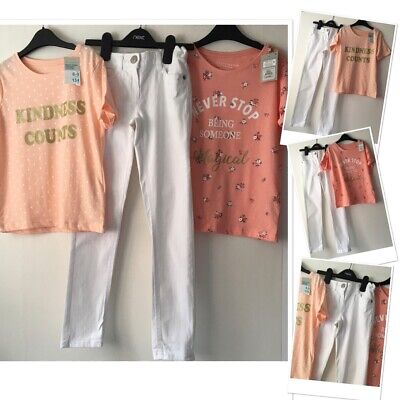 Next Girls White Skinny Jeans & New Tags Prk coral slogan  Tops 8-9 Years