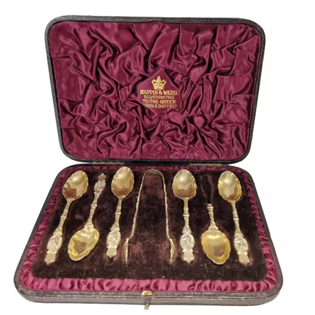 1887 box of spoons + sugar tongs in solid silver Mappin & Webb deer decor