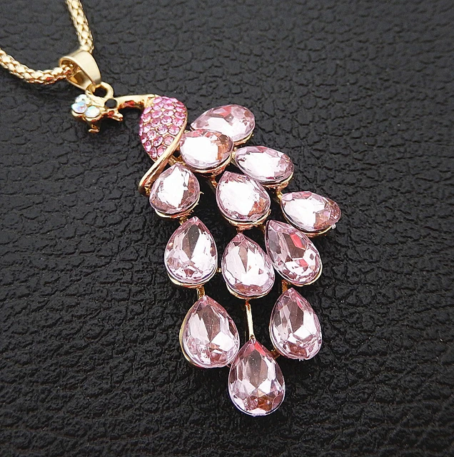 Pink Crystal Rhinestone Peacock Pendant Betsey Johnson Sweater Necklace 2