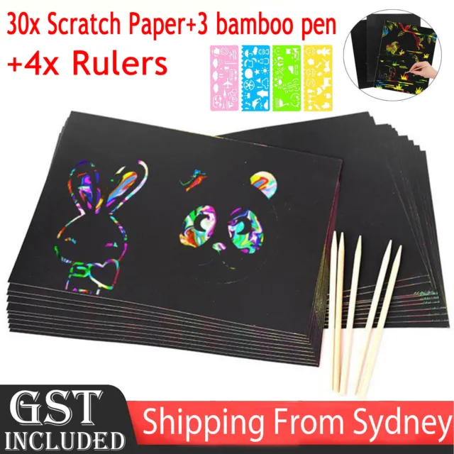 30 Sheets Scratch Paper Creative Art Rainbow Paper Sketch Book+Bamboo Pen Rulers
