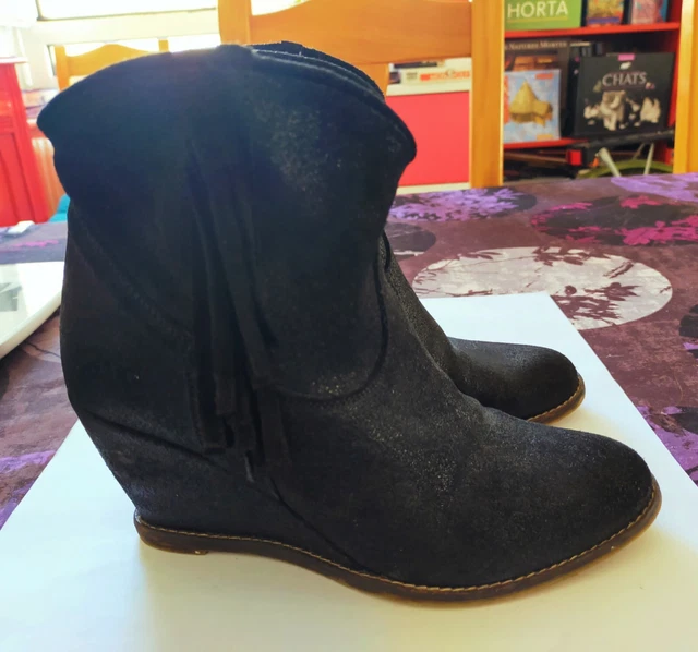 Bottines Compensées Femme MÉLINÉ En Daim Noir - Pointure 36, Talon 7cm, Fabriqué En Italie