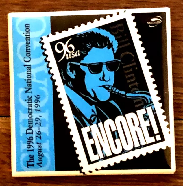 Rare 1996 Dnc Chicago Square Pin—Clinton/Gore Campaign Button—Bill Playing Sax