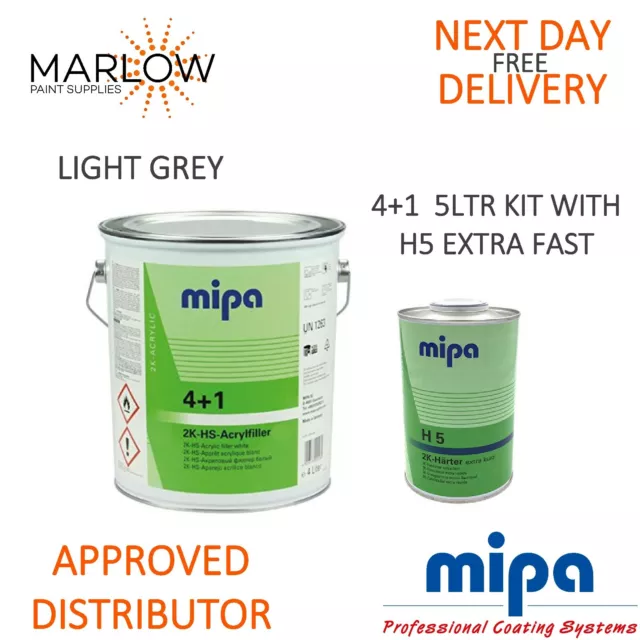 Mipa 4 + 1 Acry Filler 2K High Build Primer Light Grey 4Ltr + H5 1Ltr *5Ltr Kit*
