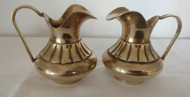 Vintage Pair of Matching Solid Heavy Brass Decorative Jugs Height 3"