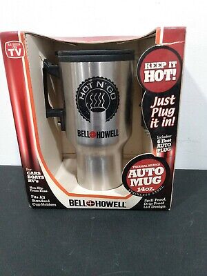 NIB Bell And Howell Stainless Steel Heated Thermal Mug Auto Travel 12 V Charger