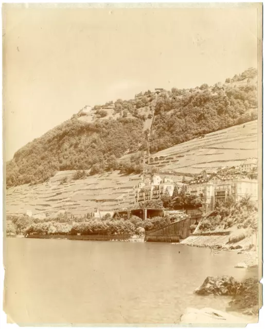 Suisse, Territet, funiculaire et Grand Hôtel Vintage albumen print, Tirage alb