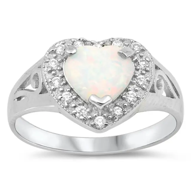 Heart White Lab Opal Halo Clear CZ Ring New .925 Sterling Silver Band Sizes 5-10