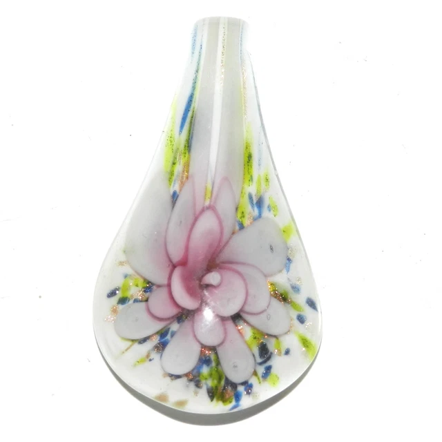 P2454 Pink Flower w Gold Sparkles 54mm Lampwork Glass Spoon Drop Pendant