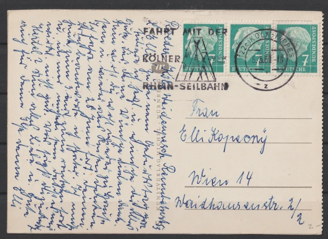 Bund Heuss I, 7 Pf Mi. 181 waager. 3er-Streifen "Köln" seltene MeF auf Postkarte