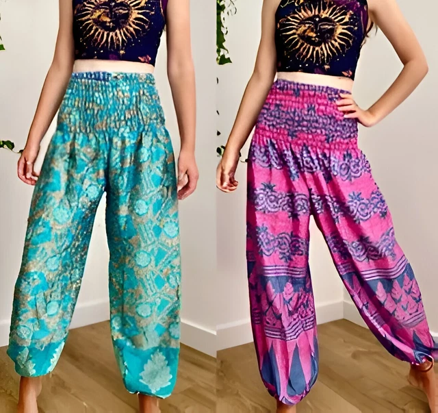 Lot De 5 Pantalons Larges En Soie De Sari Recyclé - Style Bohème Patchwork Fait Main