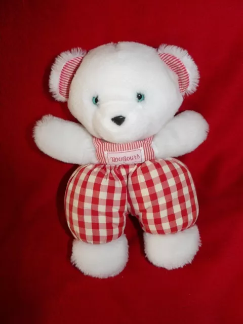 Doudou Peluche Nounours Ours Blanc Vichy Rouge 26 cm
