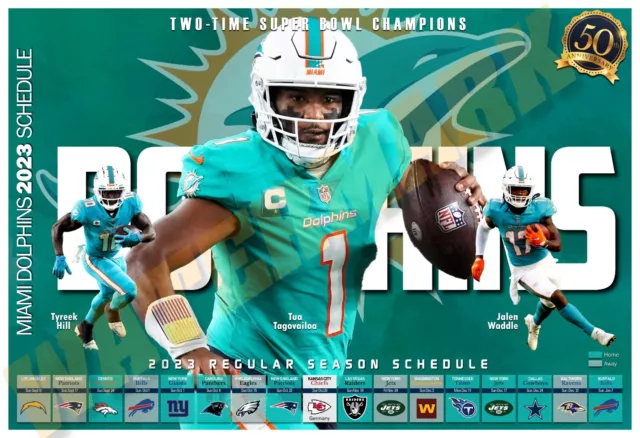THE MIAMI DOLPHINS 2023 REGULAR SEASON 19”x13” SCHEDULE POSTER