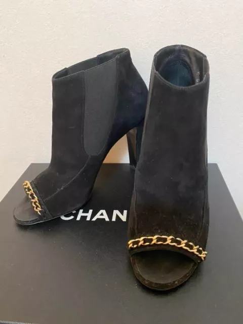 Auth Chanel side gore Short Boots open toe gold chain 37 1/2 Black US Size 7 1/2