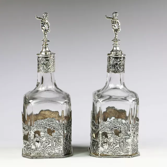 Pair Antique German Glass Decanters Bottles Hanau 925 sterling Silver mounts