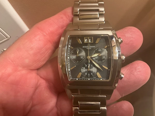 Jacques Lemans Geneve Mens Watch 26mm Silver Two Tone Swiss New Battery 7.75\