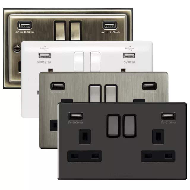 Double Wall Plug Socket 2 Gang 13A with 2 USB Ports Screwless Slim Flat Plate
