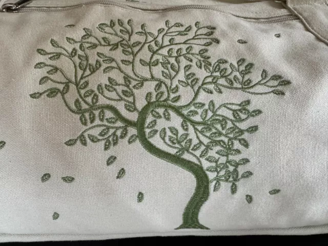 Gaiam Tree of Life Yoga Mat Tote Cargo Bag - Ivory - Green Embroidery 3