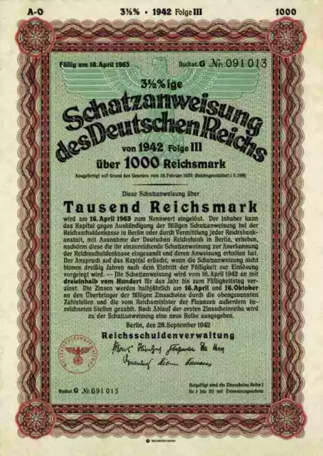 DEUTSCHES Reich September 1942 Berlin Adler 1000 RM Schatzanweisung Zinsscheine