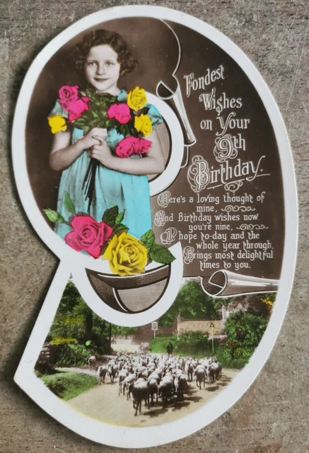 9 Ninth Birthday Greetings, Girl with flowers. Vintage Birthday Card